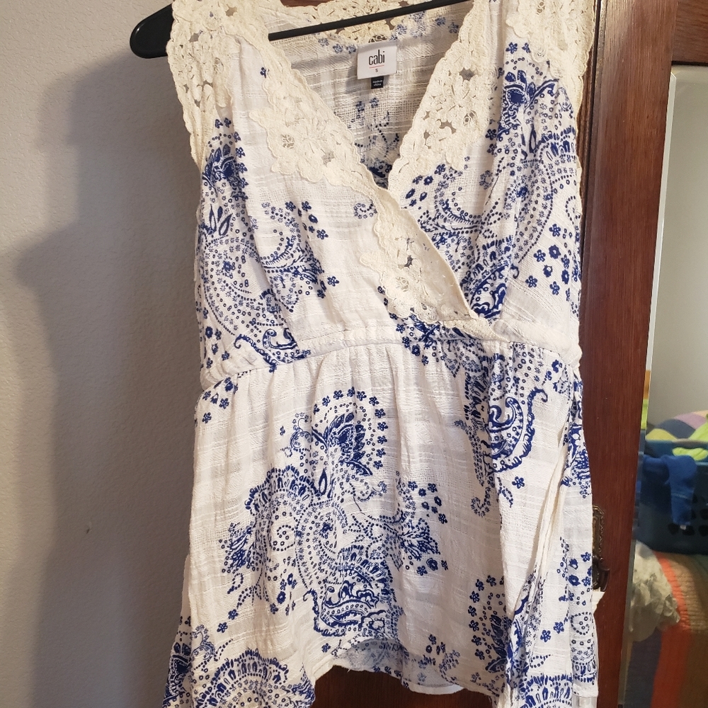 CAbi Veranda lace trim paisley top